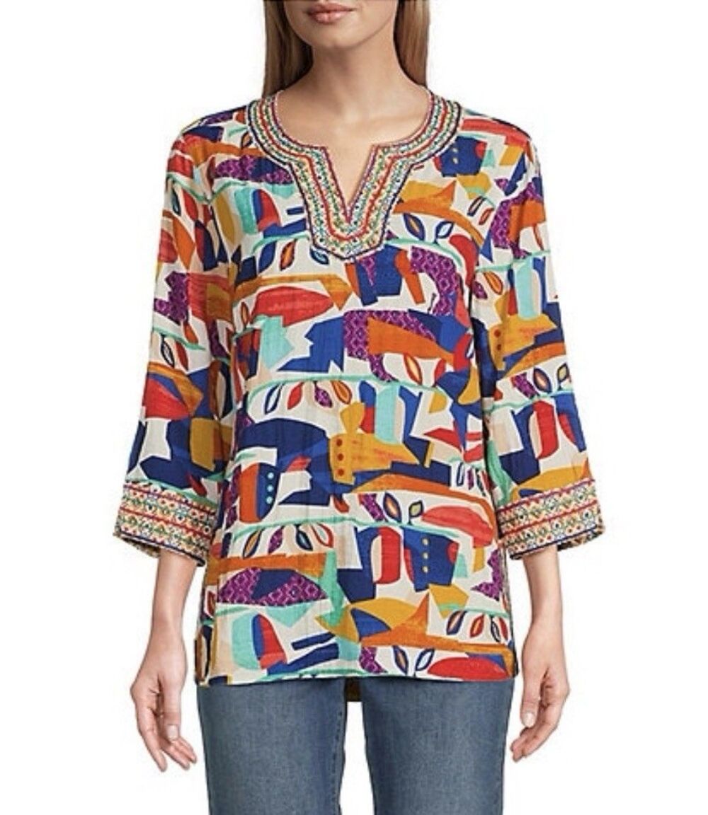 Embroidered V-Neck 3/4 Sleeve Tunic Top Women’s 3X Abstract Rayon Knit John Mark